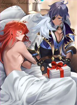 2boys absurdres antenna_hair back bed bed_sheet birthday black_gloves blue_eyes blue_hair blush box bracelet brothers cleavage_cutout closed_eyes closed_mouth clothed_male_nude_male clothing_cutout commentary couple dark-skinned_male dark_skin dated dated_commentary diamond_cutout diluc_(genshin_impact) earrings english_commentary eyepatch fingerless_gloves fur_scarf genshin_impact gift gift_box gloves hair_between_eyes hair_down hair_over_shoulder happy_birthday highres holding holding_box holding_gift indoors jewelry kaeya_(genshin_impact) lapels long_hair looking_at_another looking_to_the_side low_side_ponytail lying male_focus multiple_boys naked_sheet notched_lapels nude on_bed on_side one_eye_covered pectoral_cleavage pectorals red_hair siblings single_earring sleeping smile smu_(xhsg8274) spiked_bracelet spikes step-siblings three-quarter_sleeves under_covers vase wing_collar