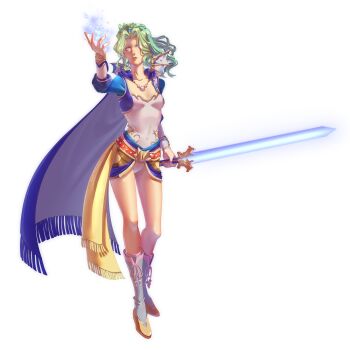 absurdres blue_cape boots breasts cape dissidia_012_final_fantasy dissidia_final_fantasy dissidia_final_fantasy_nt final_fantasy final_fantasy_vi green_hair highres leotard magic non-web_source skirt sword tina_branford weapon white_boots white_leotard