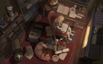 1girl armchair barefoot black_dress blonde_hair book book_on_lap bookshelf bowl box candle carpet chair chest_of_drawers coffee coffee_mug commentary_request cup desk drawer dress faceless faceless_female figure fireplace fox frilled_dress frilled_shirt_collar frills from_above globe gold_can highres holding holding_book indoors jar long_hair mug on_chair original paper pet_bowl picture_frame plant potted_plant puffy_short_sleeves puffy_sleeves reading scroll short_dress short_sleeves sitting sleeping_animal solo suitcase wide_shot