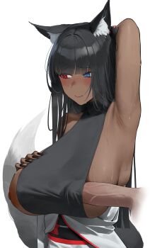 1boy 1girl animal_ears armpits ayasato_mei black_hair blue_eyes borrowed_character breasts commentary commission dark-skinned_female dark_skin english_commentary fox_ears fox_girl fox_tail hetero heterochromia highres huge_breasts long_hair looking_to_the_side mizoshi-x nipples original penis penis_under_another&#039;s_clothes red_eyes simple_background solo_focus tail uncensored veins veiny_penis white_background