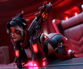 Rule 34 | 1girl, 3d, artist name, bent over, black hair, black lips, blender (medium), chair, commentary, crop top, dark persona, desk, english commentary, evil grin, evil smile, eyelashes, gauntlets, gloves, goggles, gradient hair, grin, gun, harness, highres, lipstick, looking at viewer, makeup, multicolored hair, officalskyline, official alternate hair color, on desk, operative oxton, overwatch, pants, red eyes, red goggles, red scarf, scarf, short hair, sitting, smile, spiked hair, tracer (overwatch), weapon, white hair