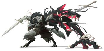 1other animal_hands armor black_fur claws esnowg fangs full_body helmet highres holding holding_sword holding_weapon monster no_humans original red_eyes sharp_teeth simple_background sword tail teeth weapon white_background