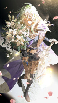 1girl absurdres black_boots black_shorts boots bouquet breasts closed_eyes closed_mouth dagger female_byleth_(awakened)_(fire_emblem) female_byleth_(enlightened_one)_(fire_emblem) female_byleth_(fire_emblem) fire_emblem fire_emblem:_three_houses flower green_eyes green_hair highres holding holding_bouquet knee_boots knife medium_hair nintendo official_alternate_costume official_alternate_hair_color pantyhose shorts smile solo solo_focus tiara weapon zhihaiwusheng