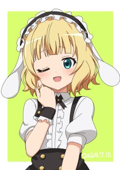 Rule 34 | 1girl, absurdres, animal ears, black skirt, center frills, commentary request, dated, fake animal ears, flat chest, fleur de lapin uniform, floppy ears, frilled hairband, frilled shirt, frills, gochuumon wa usagi desu ka?, hairband, highres, kirima syaro, lolita hairband, nekonyan (inaba31415), one eye closed, open mouth, puffy short sleeves, puffy sleeves, rabbit ears, shirt, short sleeves, skirt, smile, solo, suspender skirt, suspenders, wrist cuffs