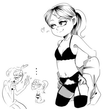 ... 1boy 1girl angry bra breasts cowboy_shot cropped_legs eyelashes garter_belt garter_straps hands_on_own_hips heart heloise high_ponytail jcm2 jimmy_adamson jimmy_two-shoes lingerie looking_at_another marker medium_hair monochrome navel off_shoulder panties parted_bangs petite ponytail scar scar_on_face scar_on_forehead simple_background skinny small_breasts smile standing stitches thighhighs tongue tongue_out underwear underwear_only upset white_background