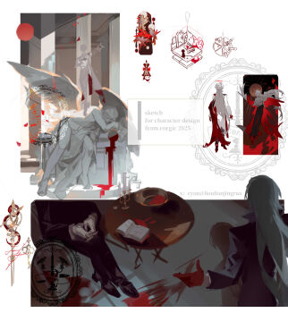 1boy 1other absurdres angel angel_wings blood book candle chair cup dress drinking_glass english_text formal_clothes gloves halo high_heels highres holding liulianjingrua long_hair male_focus multiple_boys multiple_views on_chair original petals pool_of_blood sitting table veil weapon white_hair wings