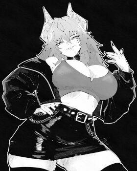 1girl absurdres belt belt_buckle black_background breasts buckle cowboy_shot crop_top greyscale hair_between_eyes hand_on_own_hip hand_up highres horns indie_virtual_youtuber jacket large_breasts long_hair long_sleeves looking_at_viewer miniskirt miregeist monochrome parted_lips simple_background skirt smile solo spiked_belt tank_top zentreya zentreya_(dragon) zentreya_(dragon)_(metalheads)