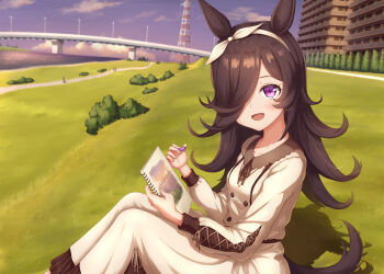1girl :d animal_ears blue_sky blush bridge brown_dress brown_hair brown_ribbon building bush buttons cloud collarbone collared_dress commentary_request cross-laced_clothes cross-laced_sleeves darepaso day double-breasted drawing dress eyelashes frilled_dress frills grass hair_over_one_eye hairband hands_up highres holding holding_marker holding_sketchbook horse_ears horse_girl horse_tail long_hair long_sleeves looking_at_viewer looking_to_the_side marker neck_ribbon one_eye_covered open_mouth outdoors parted_bangs path purple_eyes ribbon rice_shower_(casual)_(umamusume) rice_shower_(umamusume) river road shadow sidelocks sitting sketchbook sky smile solo swept_bangs tail tower transmission_tower tree umamusume water white_hairband