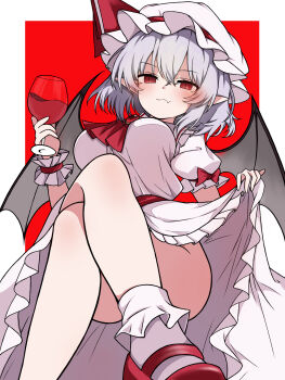 1girl alcohol ascot bat_wings belt blush border bow breasts brooch closed_mouth clothes_lift commentary crossed_bangs crossed_legs cup double-parted_bangs dress dress_lift drinking_glass fang fliex frilled_dress frilled_wrist_cuffs frills grey_hair hair_between_eyes hat hat_bow hat_ribbon highres holding holding_cup jewelry large_breasts looking_at_viewer medium_hair mob_cap pink_dress pink_hat pink_socks pointy_ears presenting puffy_short_sleeves puffy_sleeves red_ascot red_background red_belt red_bow red_eyes red_ribbon red_shoes red_wrist_cuffs remilia_scarlet ribbon ribbon-trimmed_sleeves ribbon_trim seductive_smile shoes short_sleeves simple_background skin_fang sleeve_bow smile socks solo thigh_focus thighs touhou white_border wine wine_glass wings wrist_cuffs