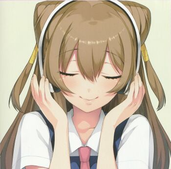 brown_hair collarbone cone_hair_bun earphones green_eyes hair_bun hair_buns hands_on_ears highres listening_to_music long_hair nanairo_reincarnation no_background scan smile sumeragi_kohaku takigawa_kotori