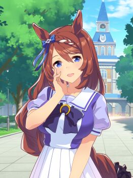 1girl absurdres animal_ears arch artist_request bare_arms bell black_ribbon blue_bow blue_bowtie blue_eyes blue_ribbon blue_shirt blue_sky bow bowtie braid braided_tail breasts brooch brown_hair cloud collarbone cowboy_shot day dot_nose fingernails flower frilled_ribbon frills game_cg grey_flower hair_between_eyes hair_bow hair_flower hair_ornament hair_ribbon hand_on_own_cheek hand_on_own_face happy high-waist_skirt highres horse_ears horse_girl horse_tail horseshoe huge_breasts jewelry lamppost light_blush long_hair multicolored_hair official_art open_mouth outdoors path pleated_skirt puffy_short_sleeves puffy_sleeves ribbon road sailor_collar school school_uniform shade shirt short_sleeves single_braid skirt sky smile solo standing streaked_hair super_creek_(umamusume) tail tail_ornament tail_ribbon teeth tracen_academy tracen_school_uniform tree two-tone_hair two-tone_shirt umamusume upper_teeth_only very_long_hair white_hair white_sailor_collar white_shirt white_skirt