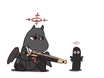 black_hair black_serafuku black_shirt black_skirt black_thighhighs black_wings blue_archive bolt_action chibi garter_straps gun hair_between_eyes halo hasumi_(blue_archive) hattifattener holding holding_gun holding_weapon kawamochi_(kawauti919) low_wings m1917_enfield mole mole_under_eye moomin moomintroll no_shoes on_one_knee pleated_skirt red_eyes rifle sailor_collar school_uniform serafuku shadow shirt simple_background skirt thighhighs weapon white_background white_sailor_collar wings