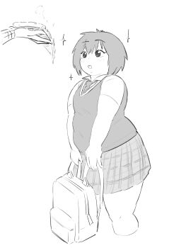 1girl 1other absurdres aruru_(rnruru) backpack bag cropped_legs double_chin dress_shirt drooling fat fat_woman food greyscale hair_between_eyes highres holding holding_food holding_pizza holding_strap long_sleeves looking_ahead looking_at_food monochrome mouth_drool necktie open_mouth original pizza plaid_clothes plaid_skirt pleated_skirt raised_eyebrows school_uniform shirt short_hair short_sleeves simple_background sketch skin_tight skirt sparkle standing sweater_vest teeth thick_arms thick_thighs thighs tight_clothes tight_shirt unworn_backpack unworn_bag upper_teeth_only white_background