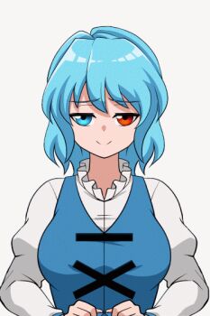 1girl animated animated_gif blue_hair blush bouncing_breasts breasts closed_mouth clothes_lift heterochromia large_breasts lifting_own_clothes looking_at_viewer nipples no_bra shiguma_(signalmass) shirt_lift short_hair smile solo source_request tatara_kogasa touhou