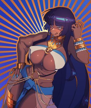 ancient_egyptian ancient_egyptian_clothes ankh blue_background blue_eyes blue_nails blunt_bangs blush bracelet breasts collar commission cowboy_shot dark-skinned_female dark_skin dutch_angle earrings fingernails hand_on_own_hip hoop_earrings jewelry large_breasts licking_lips loincloth long_fingernails long_hair looking_at_viewer nail_polish navel original piku184 smile striped_background tongue tongue_out two-tone_background usekh_collar wavy_mouth yellow_background