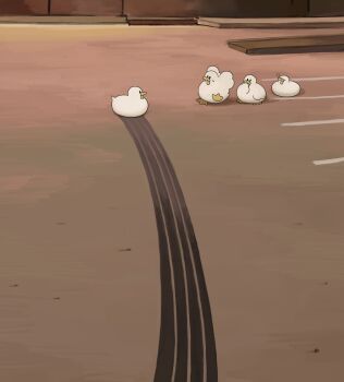 4others bird black_eyes diva_(hyxpk) duck dusk highres multiple_others open_mouth original parking_lot sitting skid_mark standing standing_on_one_leg surprised wings