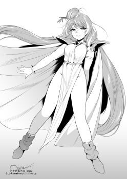 1990s_(style) 1girl alternate_costume bangle boots bracelet dress greyscale hair_bun highres jewelry long_hair macross macross_delta mikumo_guynemer monochrome parted_lips pelvic_curtain retro_artstyle sasanoneko single_hair_bun smile solo twitter_username very_long_hair watermark web_address