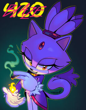 1girl 420_(meme) animal_ears blaze_the_cat cat_ears cat_girl commentary drugs english_commentary fire forehead_jewel furry furry_female gloves highres holding holding_joint jacket joint_(drug) marijuana meme name_connection pants pun purple_fur purple_jacket smoking solo sonic_(series) starrjoy white_gloves white_pants