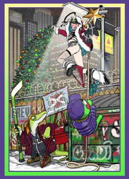 1girl 2025 2boys alligator artist_name blush breasts christmas_tree climbing coqui_saporana crocodilian frog highres indie_virtual_youtuber looking_back looking_up multiple_boys open_mouth panties panty_pull pixiemuledonkey rope small_breasts underwear