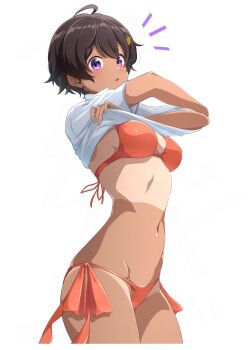 1girl ahoge bikini breasts hair_ornament highres make_heroine_ga_oo_sugiru! navel nishizuki_shino orange_bikini purple_eyes shirt short_hair simple_background solo swimsuit tan tanline undressing white_background yakishio_lemon