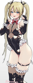 1girl black_boots black_gloves black_leotard black_ribbon blonde_hair blue_eyes boots bow bowtie breasts chest_harness clenched_hands commentary_request dead_or_alive detached_collar double-parted_bangs elbow_gloves feet_out_of_frame fingerless_gloves fishnet_thighhighs fishnets frilled_leotard frilled_thigh_strap frilled_wristband frills gloves hair_between_eyes hair_ornament hair_ribbon hands_up harness heart heart_o-ring highleg highleg_leotard highres knee_boots legs_together leotard long_hair looking_at_viewer marie_rose medium_breasts murata_tefu o-ring o-ring_thigh_strap open_mouth red_bow red_bowtie ribbon shiny_clothes simple_background skindentation smile solo standing thigh_strap thighhighs thighhighs_under_boots twintails twitter_username very_long_hair white_background x_hair_ornament zipper_pull_tab