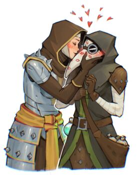 2girls armor commentary darkest_dungeon english_commentary gloves heart highres hood lipstick_mark multiple_girls nun pauldrons perepecha plague_doctor_(darkest_dungeon) plague_doctor_mask shoulder_armor simple_background spikes vestal_(darkest_dungeon) white_background yuri