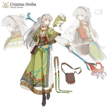 1girl ? absurdres animal bird character_name closed_mouth commentary commission elf english_text green_eyes grey_hair hairband highres holding holding_staff long_hair long_sleeves original owl pointy_ears simple_background smile staff white_background yiguan_li