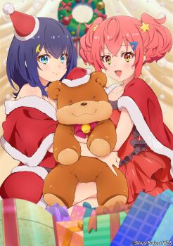 2girls :d absurdres bare_shoulders blue_eyes blue_hair blurry blurry_background blush box capelet christmas commentary_request depth_of_field fang fur-trimmed_capelet fur-trimmed_headwear fur_trim gift gift_box hair_ornament hairclip hat highres looking_at_viewer multiple_girls official_art ootori_kokona open_mouth pink_hair red_hair ribbon santa_costume santa_hat shizuka_(world_dai_star) smile star_(symbol) star_hair_ornament stuffed_animal stuffed_toy teddy_bear world_dai_star