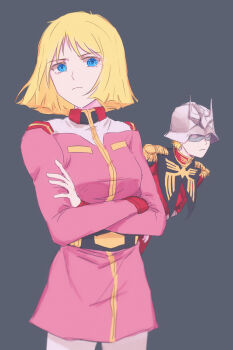 1boy 1girl absurdres blonde_hair blue_eyes breasts brother_and_sister can't_be_this_cute char_aznable collared_jacket commentary crossed_arms earth_federation english_commentary epaulettes eye_mask frown gundam helmet highres jacket long_sleeves looking_at_viewer mask mecha_pilot_suit medium_breasts military military_uniform mobile_suit_gundam normal_suit_(gundam) pants pantyhose pink_jacket red_jacket red_pants sayla_mass short_hair siblings simple_background small_breasts tira_zhang white_pantyhose zeon