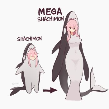 1girl 7evvw animal_costume breasts cetacean_tail fins fish_tail indie_virtual_youtuber medium_breasts mumble_(shachimu) navel orca pink_hair simple_background tagme tail virtual_youtuber white_background