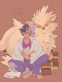 Rule 34 | 1boy, arcanine, barefoot, black hair, book, brown background, closed mouth, dog, fangs, fangs out, full body, gen 1 pokemon, glasses, grey eyes, grey hair, highres, holding, holding book, indian style, jacq (pokemon), lab coat, messy hair, multicolored hair, nintendo, pants, pokemon, pokemon (creature), pokemon sv, purple pants, purple shirt, shirt, short hair, signature, sitting, smile, tan, thick eyebrows, two-tone hair, yu ru lull