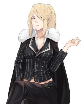 1girl blonde_hair blue_eyes breasts female_focus formal_clothes fur_trim high_ponytail highres j@ck jacket large_breasts long_hair looking_at_viewer metroid mole mole_under_mouth nintendo ponytail samus_aran simple_background solo suit tuxedo white_background