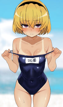 Rule 34 | 1girl, black hairband, blonde hair, blue one-piece swimsuit, blush, breasts, cleavage, closed mouth, clothes pull, collarbone, covered navel, cowboy shot, dark skin, dot nose, hairband, highleg, highleg one-piece swimsuit, highres, higurashi no naku koro ni, houjou satoko, looking at viewer, looking up, medium breasts, name tag, one-piece swimsuit, one-piece swimsuit pull, one-piece tan, purple eyes, revealing tanlines, school swimsuit, shiny skin, short hair, simple background, solo, sweat, swimsuit, tan, tanline, tanlines, wavy mouth, wet, yuno ff