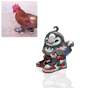 animal animal_focus bird black_eyes chicken clothed_animal commentary drip_(meme) english_commentary full_body gen_4_pokemon looking_at_viewer meme nike_(company) nintendo no_humans one_eye_closed photo-referenced photo_inset pixel_art pokemon pokemon_(creature) reference_inset reflection robin_(pixelated_robin) shoes simple_background sneakers solo starly white_background