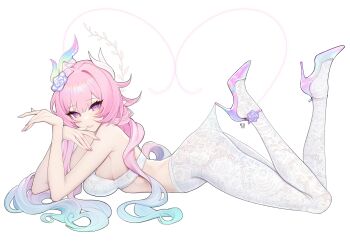 1girl aqua_hair ass bra breasts commentary cyrene_(honkai:_star_rail) cyrene_(ripples_of_past_reverie)_(honkai:_star_rail) diamond-shaped_pupils diamond_(shape) flower from_side gradient_hair hair_flower hair_ornament high_heels highres honkai:_star_rail honkai_(series) lace lace_pantyhose lace_pantyhose_hooked_on_heel_(meme) large_breasts long_hair looking_at_viewer lying meme multicolored_hair netapai1 on_stomach pantyhose pink_hair purple_eyes simple_background smile solo symbol-only_commentary symbol-shaped_pupils two-tone_hair underwear very_long_hair white_background white_bra white_pantyhose