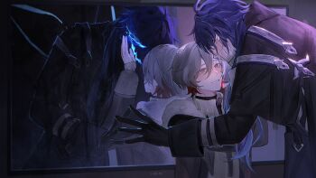 Rule 34 | 2boys, black gloves, blue hair, flins (genshin impact), genshin impact, gloves, height difference, highres, illuga (genshin impact), leaning forward, long sleeves, looking at another, male focus, mirror, mole, mole under eye, moonya, multiple boys, reflection, smile, teeth, turtleneck, yaoi