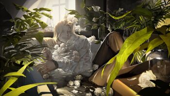 Rule 34 | 024 (1a41a4), absurdres, beard, black pants, connected beard, facial hair, fate/apocrypha, fate (series), flower, highres, in bathtub, jar, leaf, long hair, long sleeves, looking at viewer, male focus, mature male, pants, parted lips, plant, rose, shirt, solo, vlad iii (fate/apocrypha), wet, wet clothes, wet shirt, white flower, white rose, white shirt, window