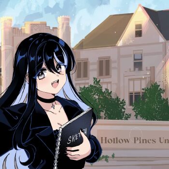 1girl :d black_choker black_hair black_jacket black_nails blue_hair book breasts bush choker cleavage collarbone colored_inner_hair commentary cross cross_choker day double-parted_bangs ear_piercing english_commentary fingernails grey_eyes hair_between_eyes highres holding holding_book house jacket long_hair long_sleeves looking_at_viewer multicolored_hair nail_polish open_mouth original outdoors piercing ryuuxin sadie_(ryuuxin) selfie smile solo two-tone_hair upper_body