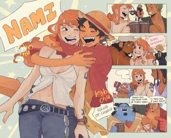 2025 2girls 6+boys antlers arms_around_neck bangle bare_shoulders beer_mug belt belt_buckle birthday black_hair black_jacket blonde_hair blue_hair blush bracelet breasts brook_(one_piece) buckle camisole character_name cleavage closed_eyes commentary cowboy_shot crown cup dark-skinned_female dark-skinned_male dark_skin denim english_commentary english_text fangs fish_boy franky_(one_piece) gold_crown green_hair grin hat heart heart-shaped_eyes highres holding holding_cup holding_instrument holding_violin horns hug instrument jacket jeans jewelry jinbe_(one_piece) keb_(k3bchu) log_pose long_hair long_nose looking_at_another midriff_peek monkey_d._luffy mug multiple_boys multiple_girls music nami_(one_piece) navel nico_robin one_e one_piece open_mouth orange_hair pants playing_instrument red_shirt reindeer_antlers reindeer_boy roronoa_zoro sanji_(one_piece) shirt short_hair shoulder_tattoo smile spaghetti_strap speech_bubble straw_hat straw_hat_pirates tattoo tongue tongue_out tony_tony_chopper upper_body usopp v violin white_camisole