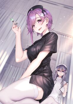2girls absurdres arm_at_side barbell_piercing black_dress black_hat breasts ceiling clipboard commentary_request curtains dress dutch_angle ear_piercing earrings hair_ornament hand_up hat hebizono_kyouko highres holding holding_clipboard holding_syringe indoors industrial_piercing jewelry kamikakushi_no_eden large_breasts long_hair looking_at_viewer mole mole_under_eye mole_under_mouth multiple_girls no_shoes nurse_cap open_mouth piercing purple_eyes purple_hair sahara386 shiroi_shizuku short_dress short_hair short_sleeves slit_pupils smile solo_focus stud_earrings syringe thighhighs tile_ceiling tiles turning_head white_dress white_hat white_thighhighs x_hair_ornament