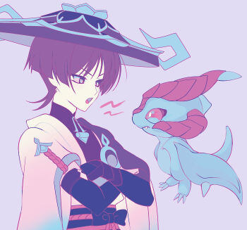 1boy armor black_bodysuit black_bow black_bridal_gauntlets black_cape blue_sleeves blunt_ends bodysuit bow bridal_gauntlets cape commentary crossed_arms dragon floating frown furisode gem genshin_impact grey_eyes grey_hair grey_hat hat highres japanese_armor japanese_clothes jingasa kimono kote kurokote layered_sleeves levitation looking_at_animal male_focus mandarin_collar mini_durin_(dragon)_(genshin_impact) mini_durin_(genshin_impact) naru9 open_mouth pastel_colors pink_rope pink_sash rope sash scaramouche_(genshin_impact) short_sleeves small_dragon symbol-only_commentary tilted_headwear tongue tsurime two-sided_fabric two-sided_headwear upper_body vision_(genshin_impact) wanderer_(genshin_impact) white_hat white_kimono