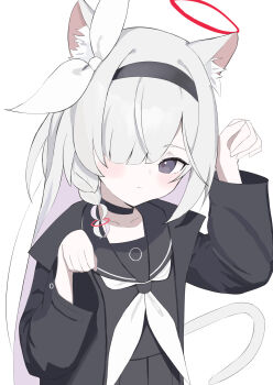 Rule 34 | 1girl, animal ears, blue archive, cat ears, cat tail, commentary request, highres, long sleeves, looking at viewer, paw pose, plana (blue archive), school uniform, serafuku, si shirono, simple background, solo, tail, upper body, white background