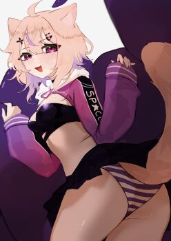 1girl absurdres ahoge animal_ear_fluff animal_ears ass blonde_hair breasts cat_ears cat_girl cat_tail colored_inner_hair crop_top facial_mark from_behind highres indie_virtual_youtuber looking_at_viewer medium_breasts medium_hair multicolored_hair panties pleated_skirt purple_hair red_eyes shrug_(clothing) shyrei_faolan skirt striped_clothes striped_panties tail two-tone_hair underwear uve virtual_youtuber whisker_markings