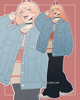 1girl baggy_pants barbell_piercing black_choker black_pants blonde_hair blue_jacket celebelian chainsaw_man choker commentary demon_girl demon_horns denim denim_jacket ear_piercing fangs grey_sweater hair_between_eyes highres horns jacket long_hair open_mouth pants piercing power_(chainsaw_man) red_horns red_sweater sleeves_past_fingers sleeves_past_wrists sweater teeth tongue tongue_out twitter_username two-tone_sweater upper_teeth_only v yellow_eyes zoom_layer