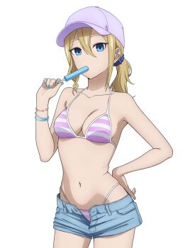 Rule 34 | 1girl, absurdres, bikini, bikini bottom under shorts, bikini under clothes, breasts, cleavage, commentary, coro fae, denim, denim shorts, english commentary, food, food in mouth, hat, hayasaka ai, highres, holding, holding food, holding popsicle, kaguya-sama wa kokurasetai ~tensai-tachi no renai zunousen~, medium breasts, medium hair, navel, open fly, paid reward available, popsicle, popsicle in mouth, shorts, simple background, solo, stomach, striped bikini, striped clothes, swimsuit, white hat