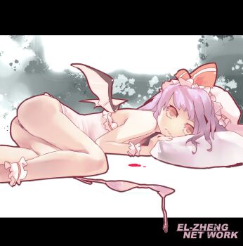 1girl ankle_cuffs ankle_garter ass bat_wings blood bra dan_evan female_focus hat highres letterboxed light_purple_hair lingerie lying pillow pink_eyes remilia_scarlet solo touhou underwear underwear_only wings wrist_cuffs
