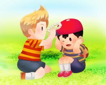 black_hair blonde_hair child crown grass hat head_wreath lucas_(mother_3) mother_(series) mother_2 ness_(mother_2) nintendo playing red_hat shirt shota sitting sjsj_10 striped_clothes striped_shirt super_smash_bros.