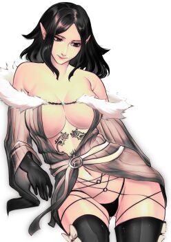 absurdres arioch_(drag-on_dragoon) bare_shoulders black_gloves black_hair black_thighhighs breasts closed_mouth commentary drag-on_dragoon drag-on_dragoon_1 english_commentary gloves highres large_breasts long_hair navel pink_lips plump pointy_ears red_eyes sitting smile thick_thighs thighhighs thighs zorb11s