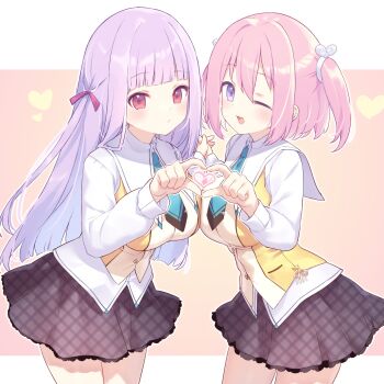2girls :/ ;d aqua_necktie black_skirt blunt_bangs bow breasts closed_mouth commentary commission cowboy_shot dot_nose hair_bow heart heart_hands heart_hands_duo highres hiraga_matsuri interlocked_fingers light_blush long_hair looking_at_viewer medium_breasts miniskirt multiple_girls necktie one_eye_closed open_mouth original pink_bow purple_eyes red_eyes school_uniform shirt short_hair short_twintails skeb_commission skirt smile twintails unmoving_pattern vest white_shirt wispy_bangs yellow_vest