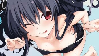 1girl artist_collaboration black_hair black_one-piece_swimsuit black_ribbon blue_background bow breasts commentary covered_erect_nipples cropped hair_bow hair_ribbon iwashi_dorobou_-r- leaning_forward light_blush long_hair looking_at_viewer neptune_(series) one-piece_swimsuit one_eye_closed red_eyes ribbon school_swimsuit sidelocks simple_background small_breasts solo swimsuit tongue tongue_out undressing uni_(neptunia)